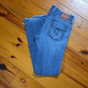 Lucky Brand Lola Boot Cut Blue Denim with Brown Leather Patch Size 12 31L